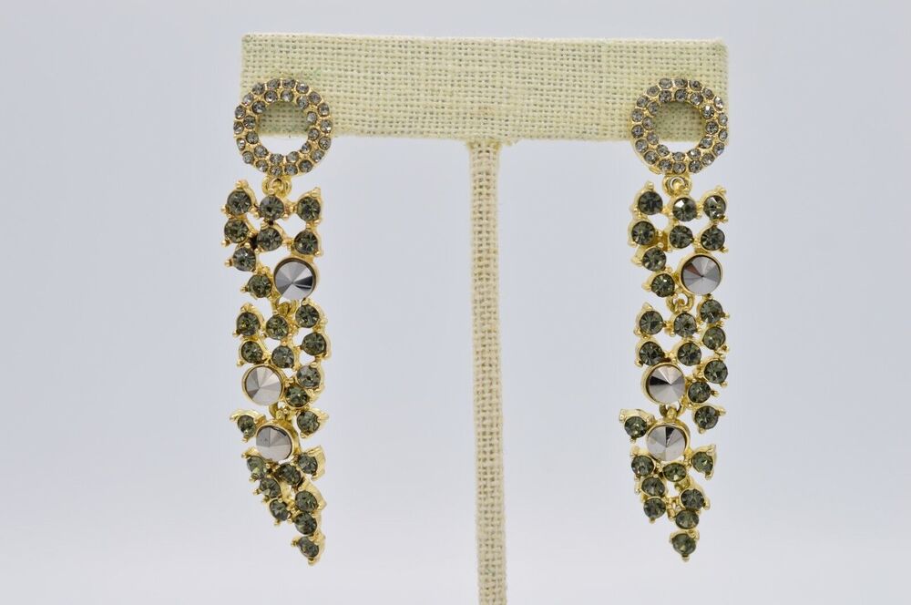 Vintage Crystal Earrings Dangle Rhinestone Gunmetal Gold Shiny NOS 1980s BinAE